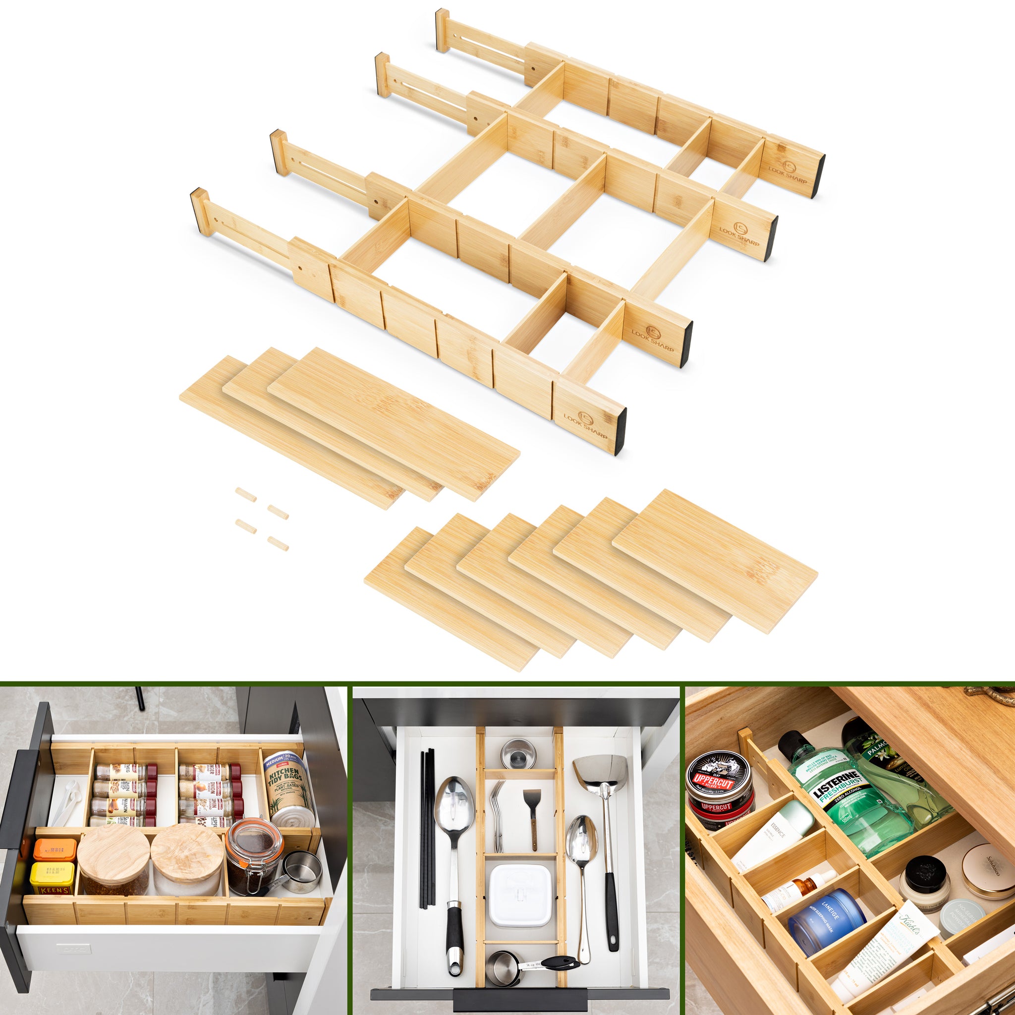 Drawer Dividers 100% Bamboo – Adjustable Multi-Purpose Draw Organiser