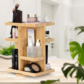 Bamboo Makeup Organiser for Cosmetics – Bathroom Organiser – Adjustable Shelve Height Vanity for Perfumes, Brushes, Lipsticks, Skincare, Aerosols & Jewellery,